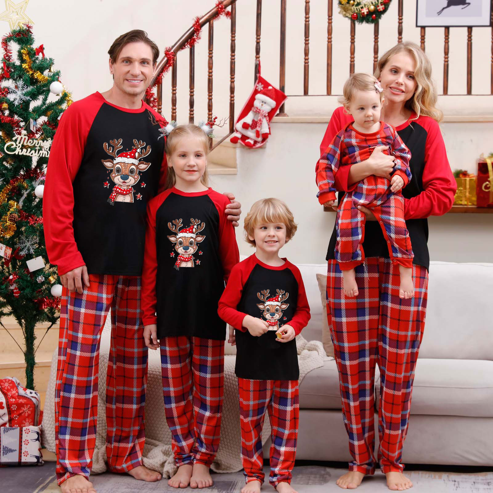 BSDJILFG Christmas Pajamas for Men Clearance Sales,Big and Tall Plaid Pajamas Casual Loungewear Long Sleeve Crewneck T-Shirts Elastic Full Length Loose Trouser with Pockets Sleepwear